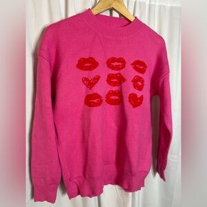 Pink + Red Sweater with Red Lips M NWOT